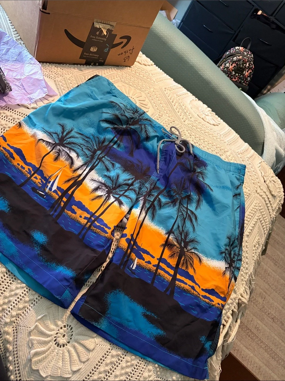 Men's Tropical Palm Print Swim Trunks - Blue/Orange 2XL